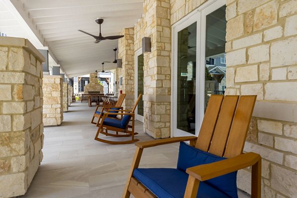 Outdoor patio with lounge seating at Lakeside Row Apartments