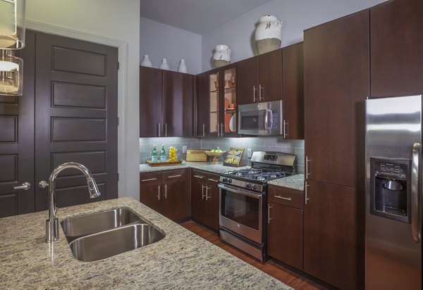Modern kitchen with stainless steel appliances at The Millennium Six Pines Apartments, luxury living in an elegant setting