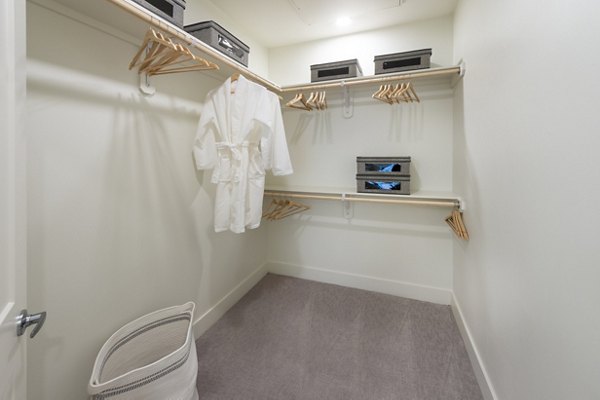 Walk-in closet with ample shelving and storage options at The Lane at Waterway Apartments