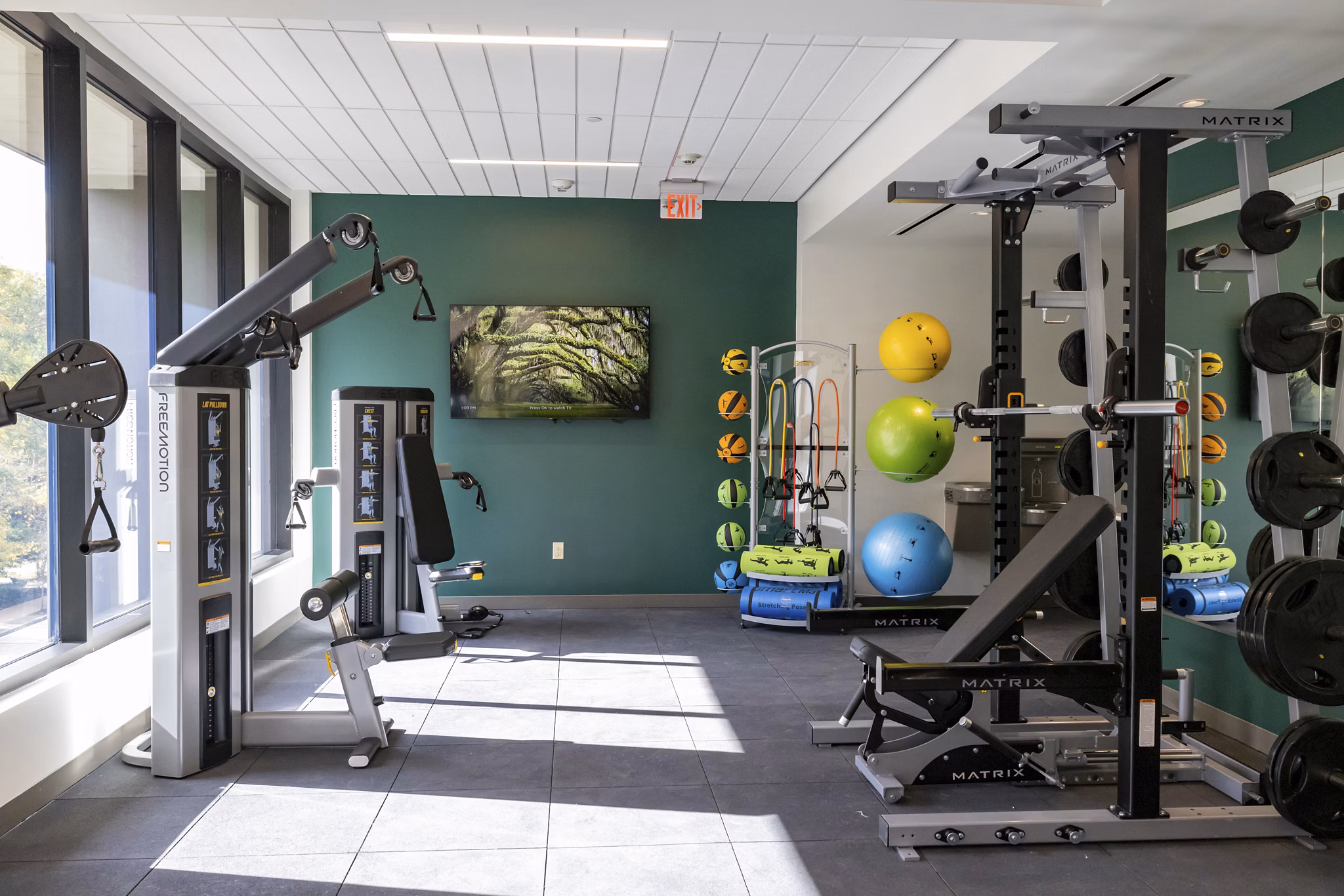 Fitness center with modern equipment at The Lane at Waterway Apartments