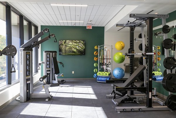 fitness center at The Lane at Waterway Apartments