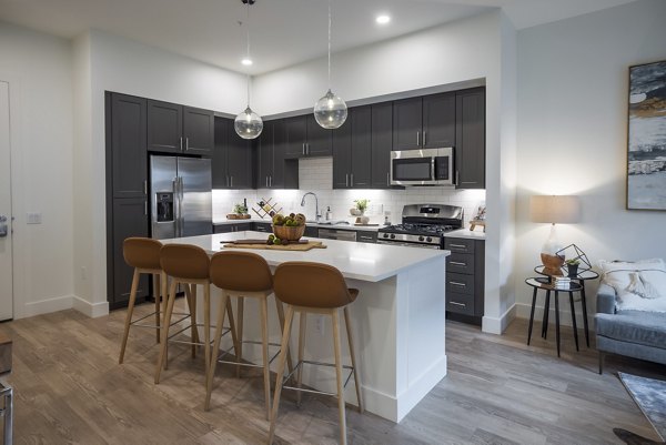 Modern kitchen with sleek appliances at The Lane at Waterway Apartments, offering premium culinary experiences for residents