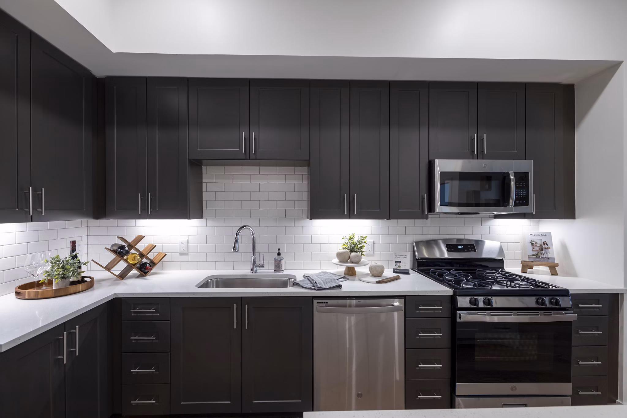 Contemporary kitchen with modern appliances at The Lane at Waterway Apartments offering luxury living