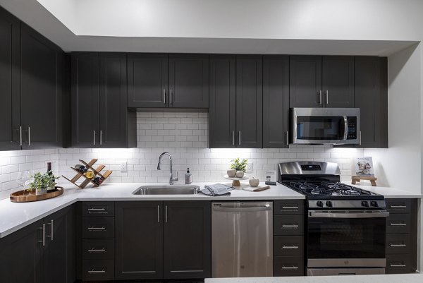 Contemporary kitchen with modern appliances at The Lane at Waterway Apartments offering luxury living