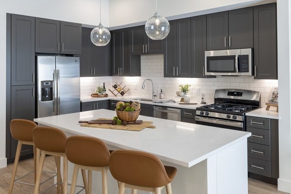 Kitchen featuring modern appliances and sleek countertops in The Lane at Waterway Apartments