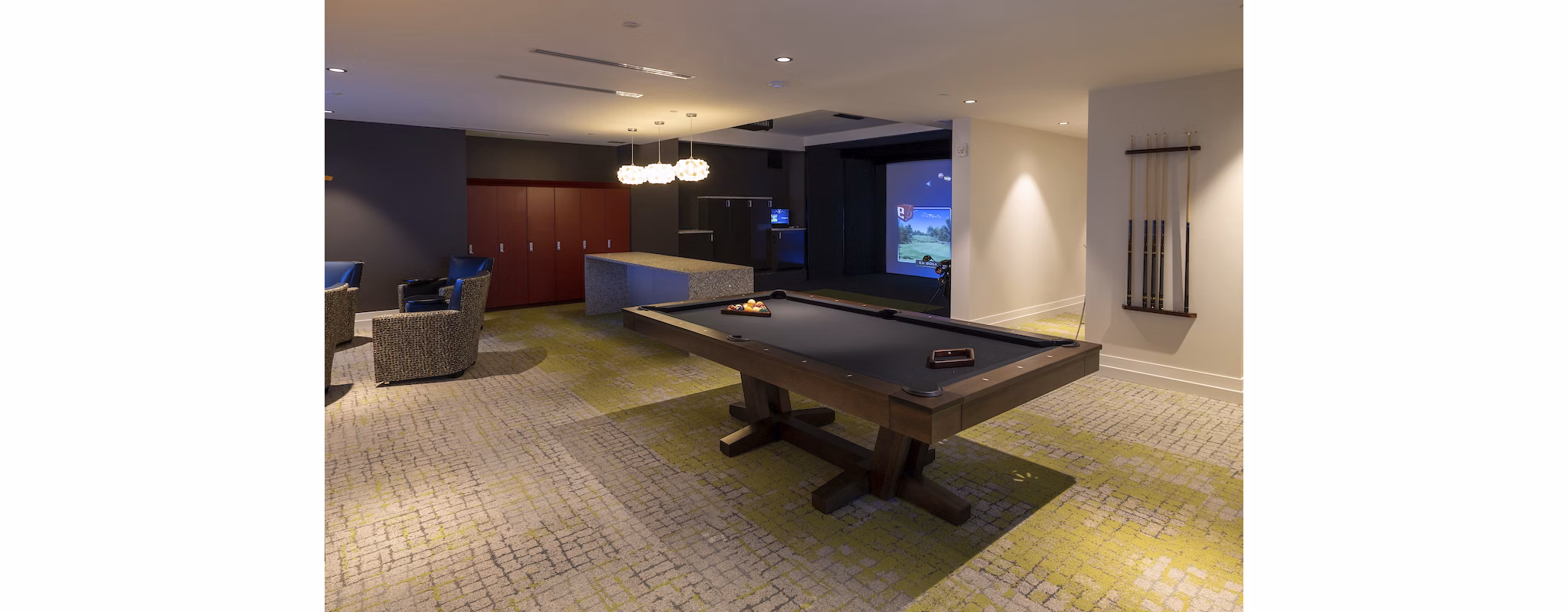 Elegant clubhouse with modern amenities at Two Lakes Edge Apartments, perfect for social gatherings and events in a luxury setting