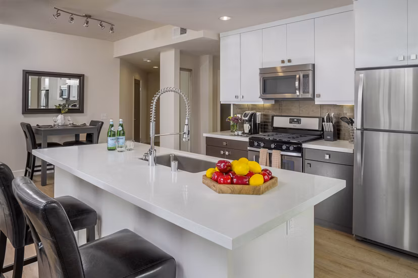 Modern kitchen with stainless steel appliances at mResidences Olympic & Olive Apartments in Los Angeles