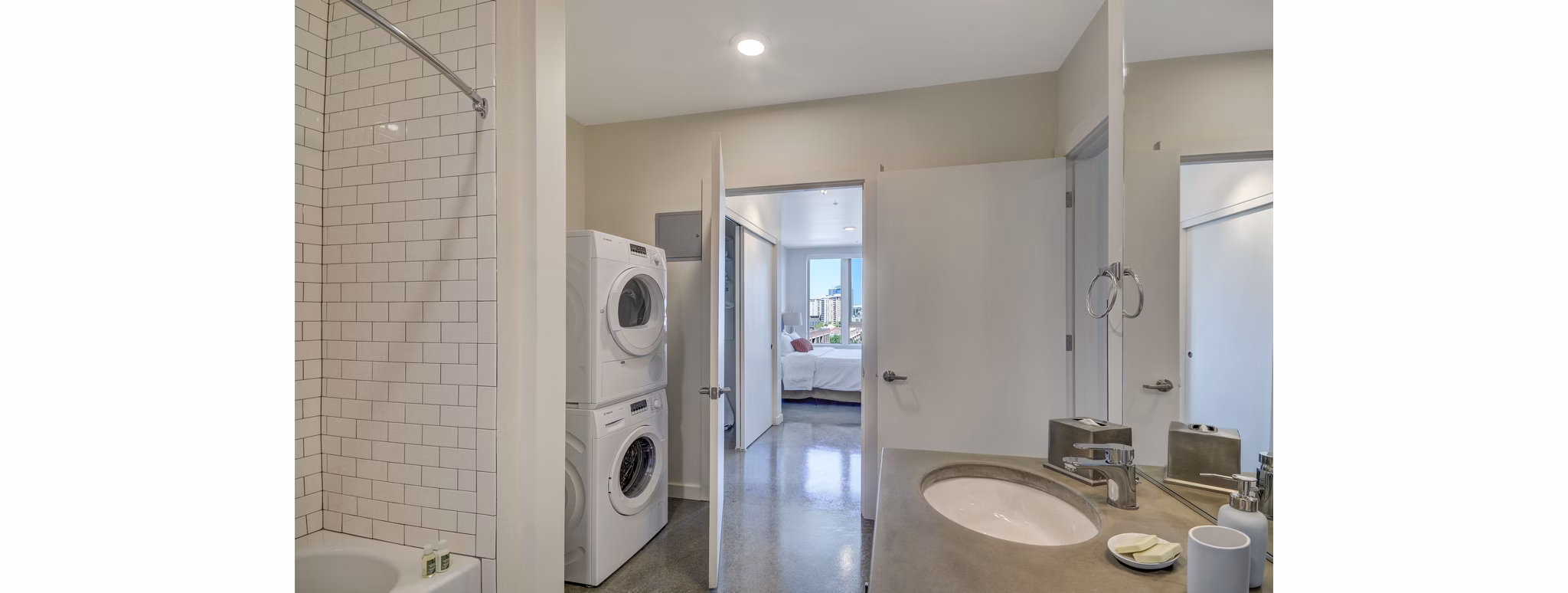 Bathroom featuring modern fixtures at mResidences Portland Pearl District Apartments