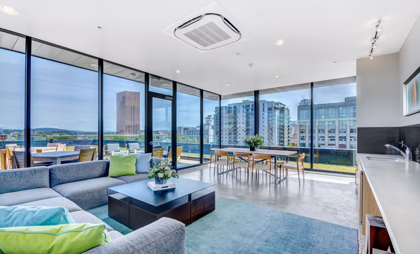 Clubhouse with modern furnishings at mResidences Portland Pearl District Apartments