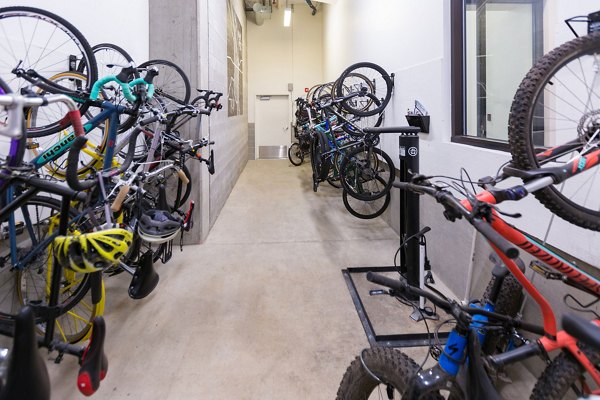 Bike storage area at mResidences Portland Pearl District Apartments offers convenient bicycle racks for residents