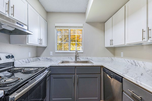 Modern kitchen with stainless steel appliances at Loretto Heights Apartments