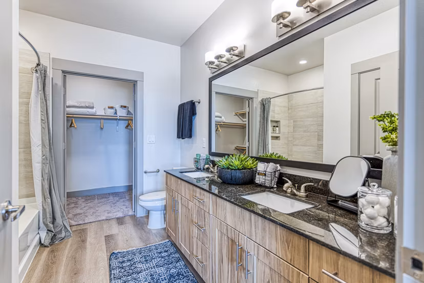 Modern bathroom with marble finishes at The Banks of Springdale Apartments offering luxurious living experience
