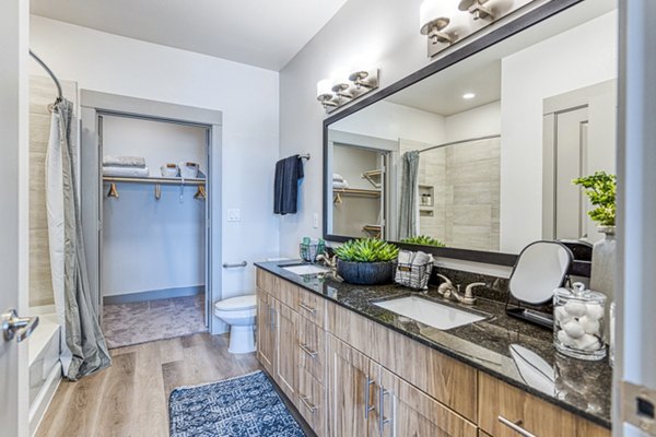 Modern bathroom with marble finishes at The Banks of Springdale Apartments offering luxurious living experience