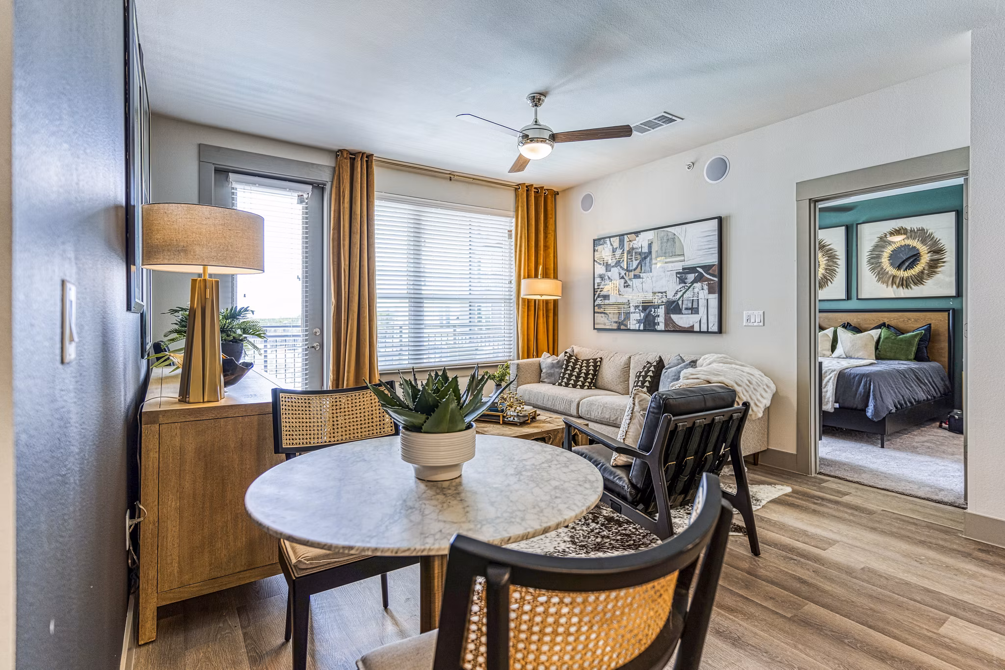 Dining room featuring elegant decor and modern lighting at The Banks of Springdale Apartments