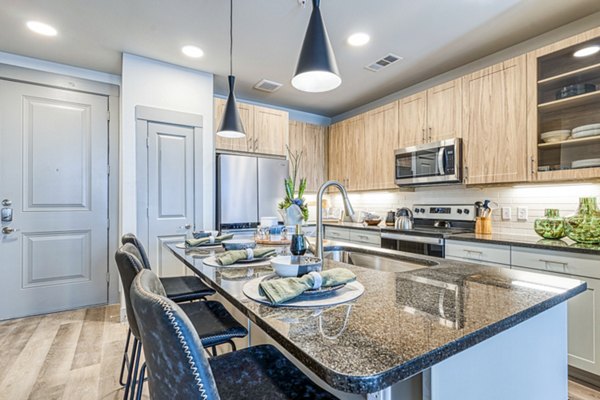 Modern kitchen with granite countertops and stainless steel appliances in The Banks of Springdale Apartments
