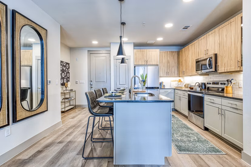 Modern kitchen with stainless steel appliances and granite countertops at The Banks of Springdale Apartments