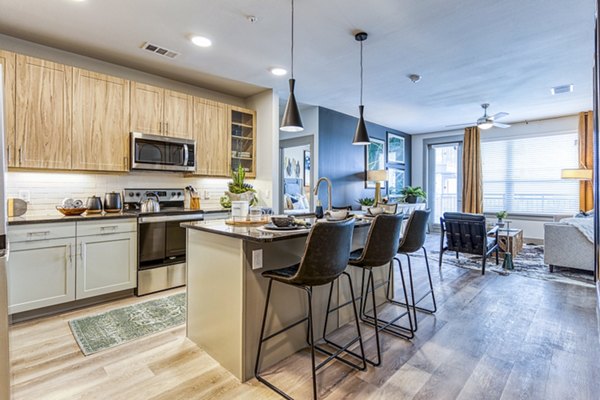 Modern kitchen with stainless steel appliances at The Banks of Springdale Apartments