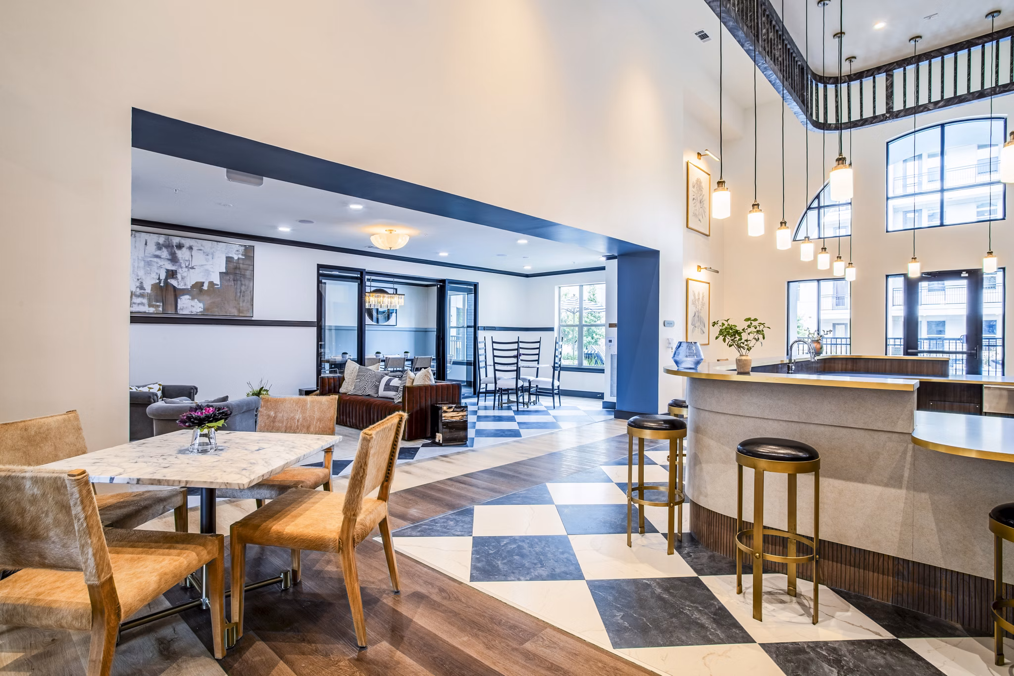 Luxurious clubhouse with modern amenities at West End Apartments, perfect for community events and gatherings