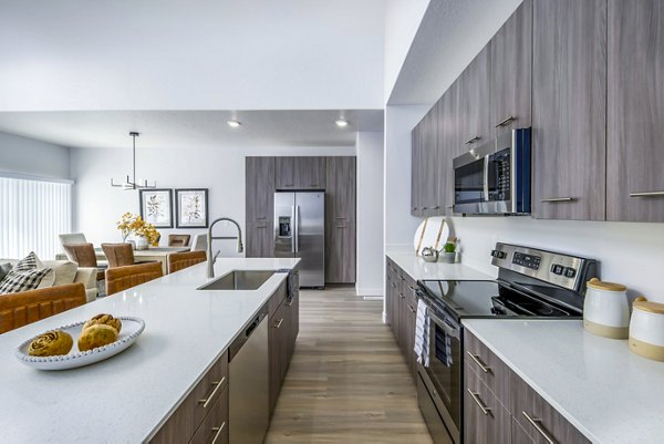 Modern kitchen with stainless steel appliances at The Orchard Townhomes