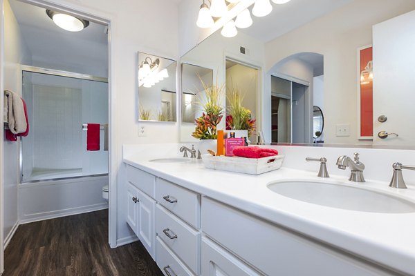 Modern bathroom with elegant marble countertops at St Moritz Apartments