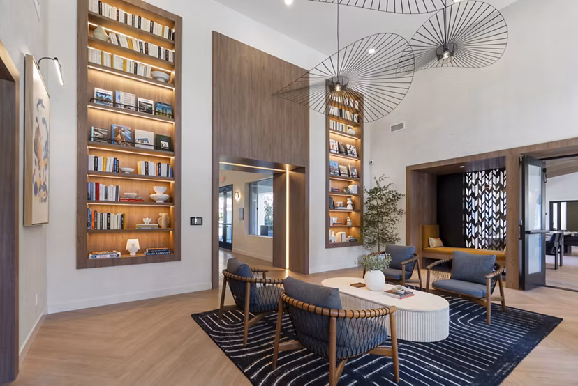 Modern clubhouse and leasing office with stylish decor at St Moritz Apartments