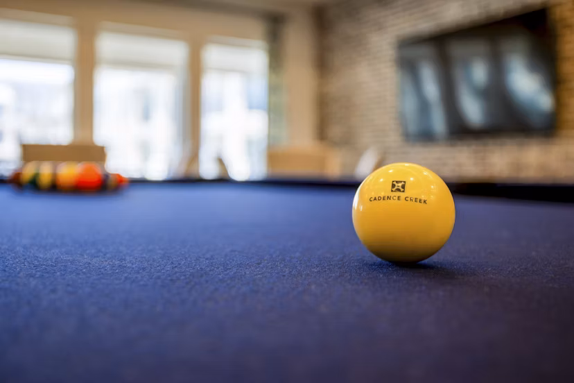 Clubhouse game room with pool table and seating at Cadence Creek at Towne Lake Apartments, offering a fun space for socializing and recreation