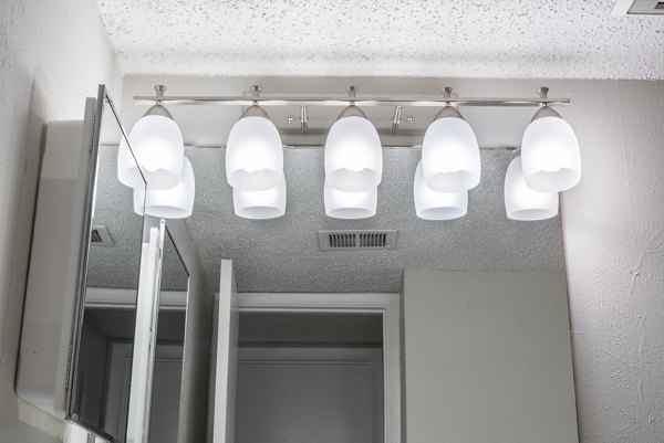 Bathroom with modern fixtures and ample lighting at Four Lakes at Clearwater Apartments