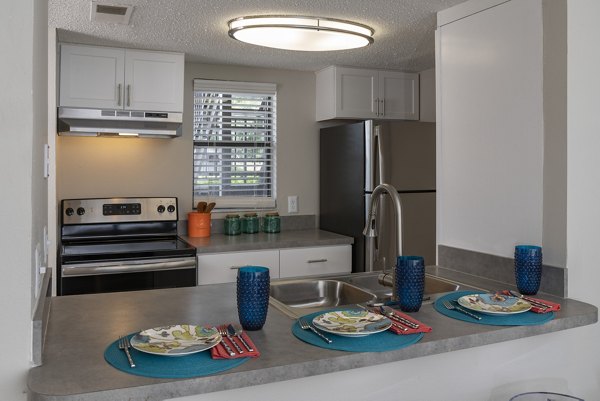 Modern kitchen with stainless steel appliances in Four Lakes at Clearwater Apartments