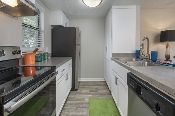 Modern kitchen with stainless steel appliances at Four Lakes at Clearwater Apartments, luxury community