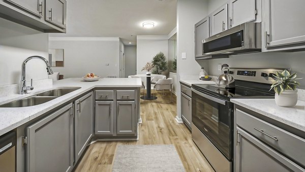 Modern kitchen with stainless steel appliances in Landings at Sweetwater Creek Apartments