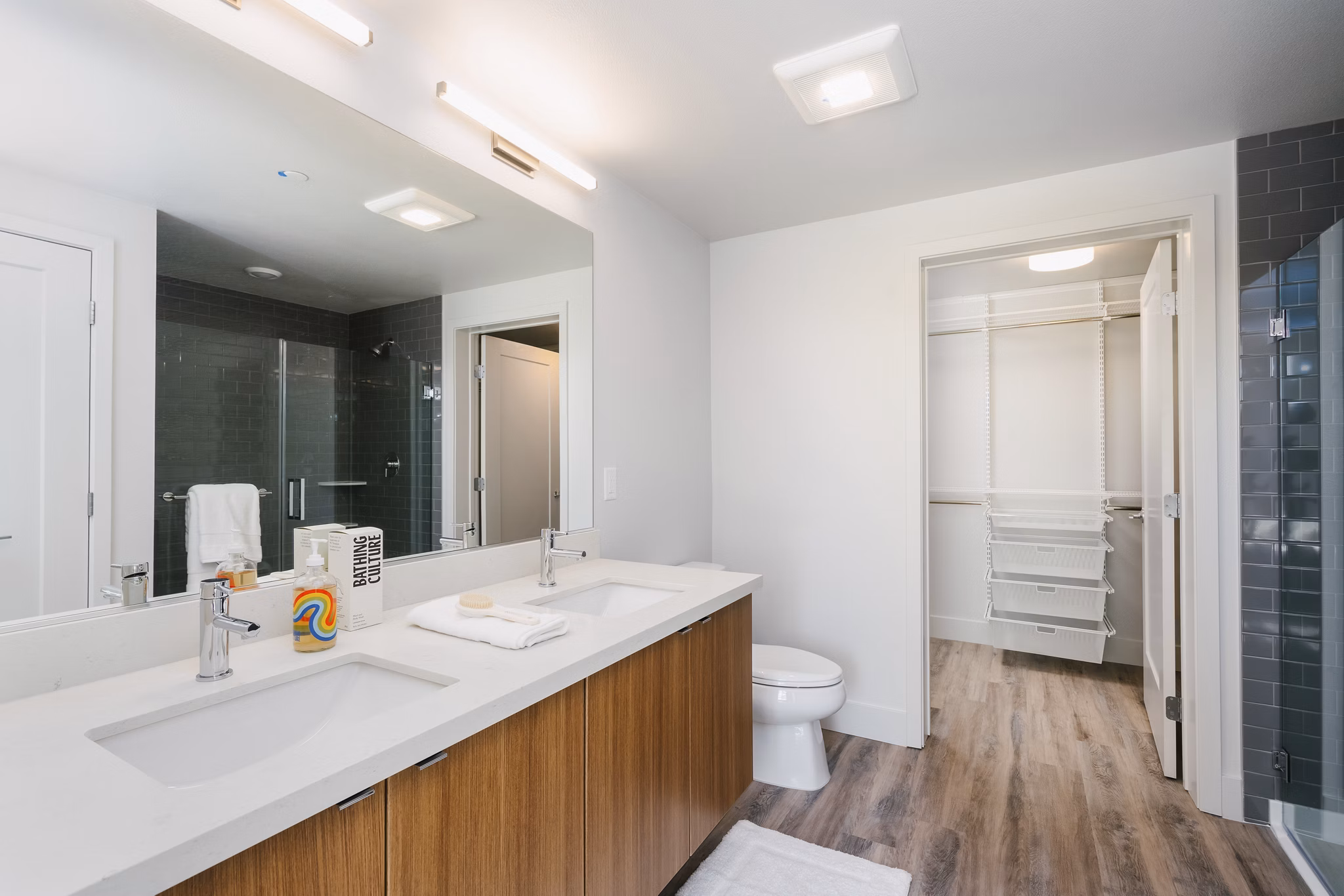 Modern bathroom with sleek fixtures in Assembly Apartments, offering luxury living in a premium Greystar community