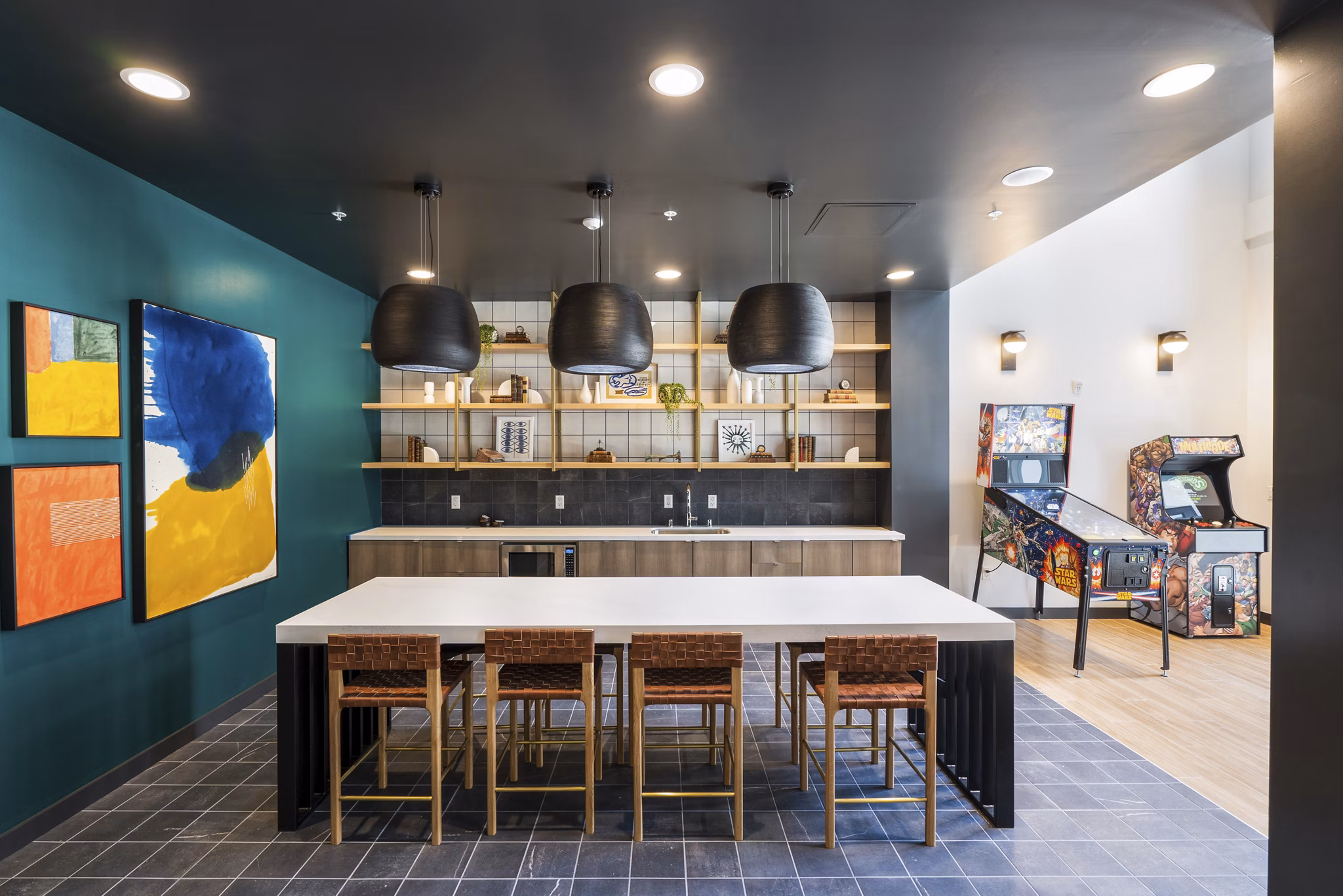 Clubhouse featuring modern design and comfortable seating at Assembly Apartments