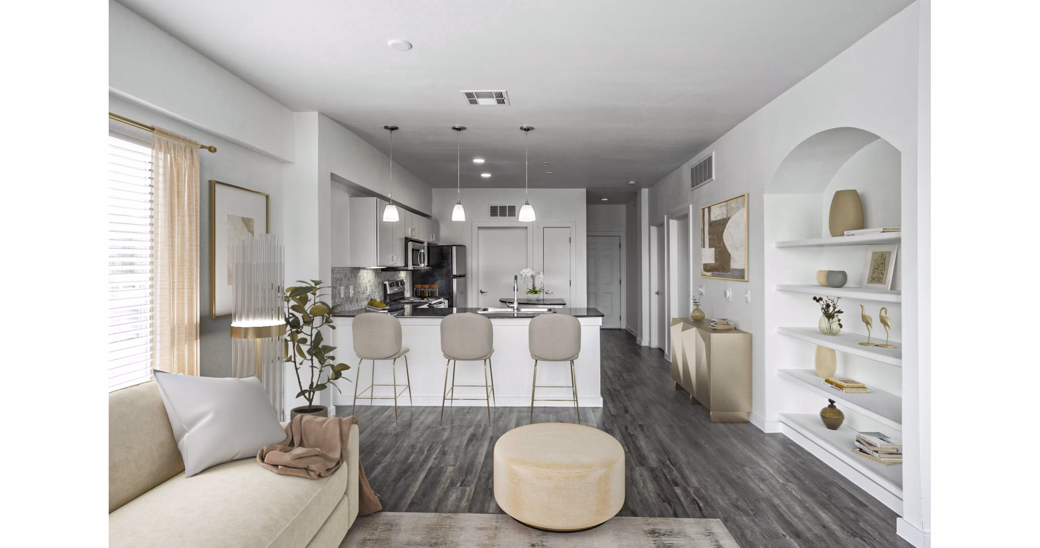 Elegant living room with modern decor and large windows at Crescent Apartments, offering luxury living in a Greystar community