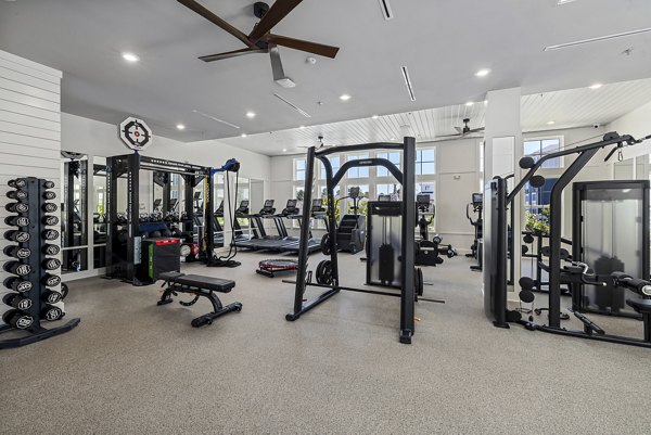 State-of-the-art fitness center with modern equipment at Element Barclay Station luxury apartments