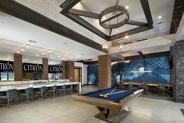 Clubhouse with modern decor and ample seating at Citron Apartments, offering residents a luxurious communal space for relaxation and socializing