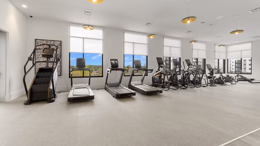 Fitness center equipped with modern gym equipment at Infield Apartments