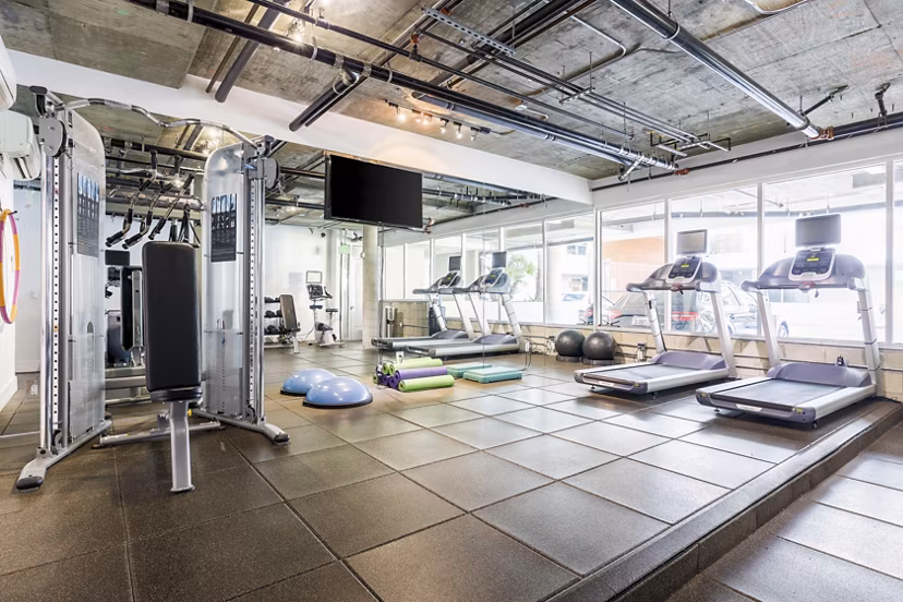 State-of-the-art fitness center with modern equipment at The LC Apartments