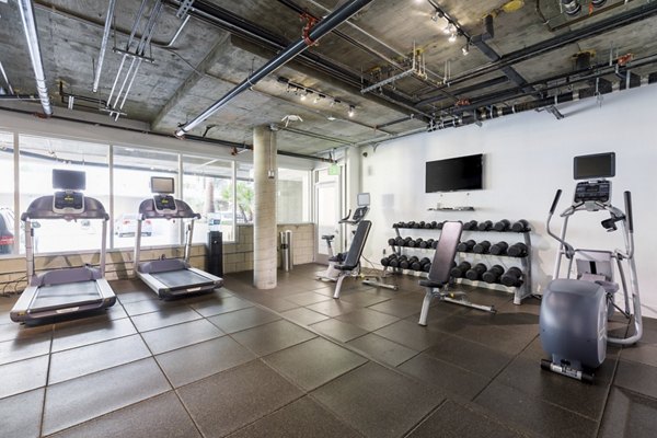 Fitness center featuring modern equipment at The LC Apartments