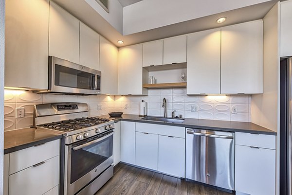 Kitchen featuring modern appliances and sleek cabinetry at The LC Apartments
