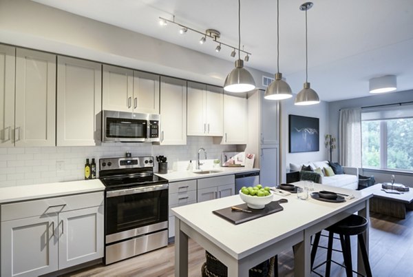 Modern kitchen with stainless steel appliances at Vista Fairfax Corner Apartments