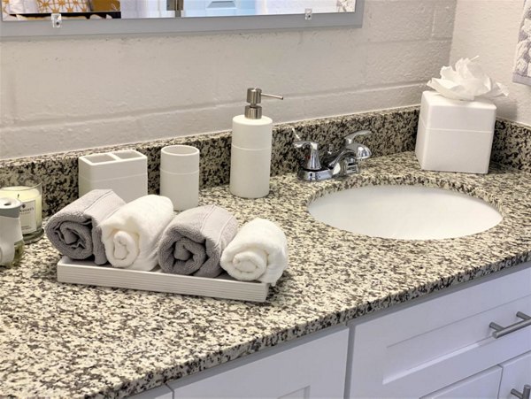 Bathroom featuring sleek modern fixtures at Seventh Apartments in Greystar's luxury collection
