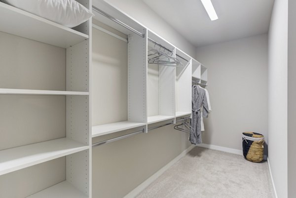 Walk-in closet with ample shelving at DASH Downers Grove Apartments