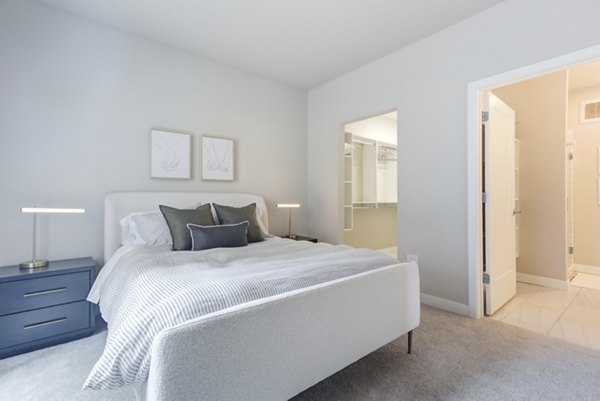 Spacious bedroom with modern decor at DASH Downers Grove Apartments
