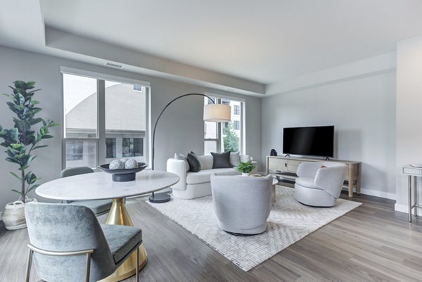 Dining area with modern furnishings at DASH Downers Grove Apartments