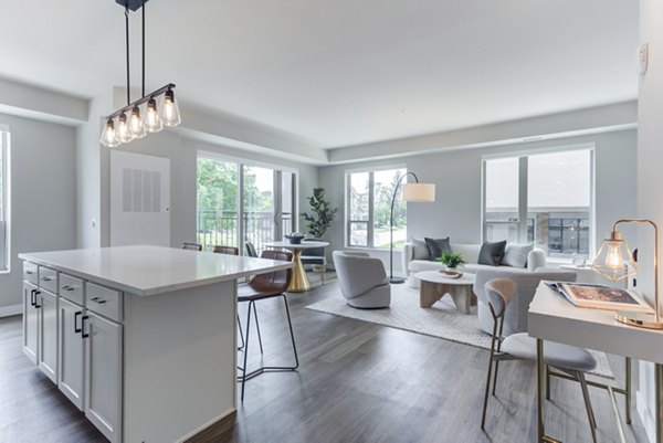 Spacious kitchen with modern appliances at DASH Downers Grove Apartments