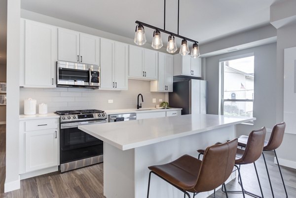 Modern kitchen with stainless steel appliances at DASH Downers Grove Apartments