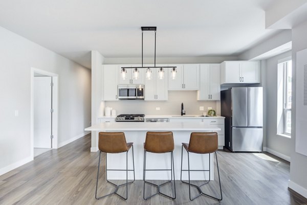 Modern kitchen with stainless steel appliances at DASH Downers Grove Apartments