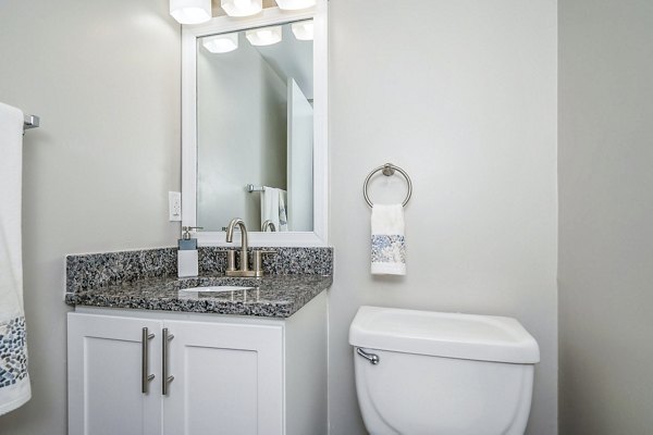 Modern bathroom with sleek fixtures at Woodshire Apartments, featuring elegant tilework and spacious vanity in this luxury apartment