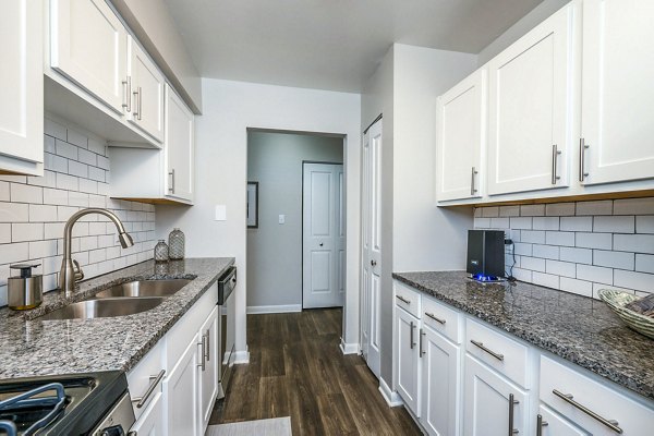 Modern kitchen with stainless steel appliances and granite countertops at Woodshire Apartments