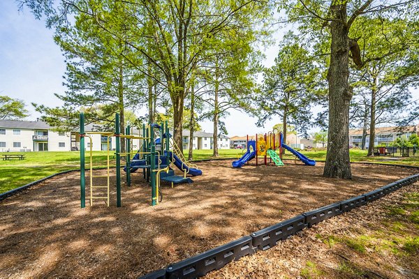 Colorful playground with swings and slides at Woodshire Apartments, perfect for family fun and outdoor activities